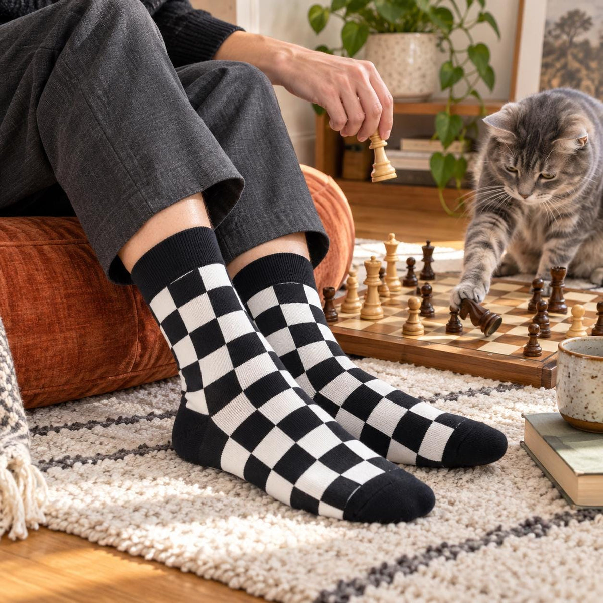 Checkerboard Crew Socks | Black & White Checkered Pattern, Unisex One Size