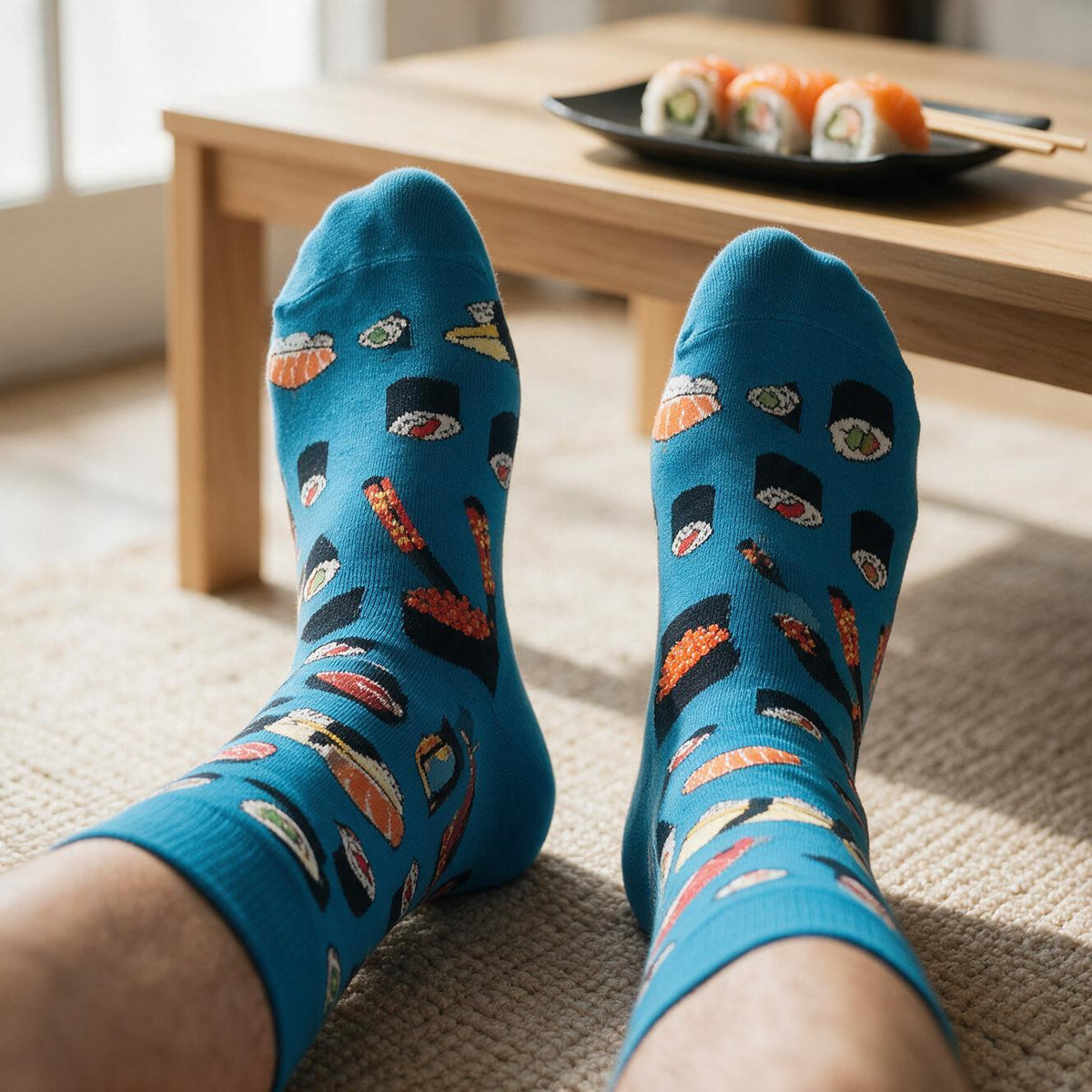 Sushi Print Crew Socks for Men | Nigiri Maki Chopsticks Pattern | Foodie Novelty Socks | One Size