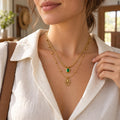 Layered Necklace Gold Tone, Snake Chain Green Pendant, Hamsa Charm Necklace, Boho Double Strand Gift for Her