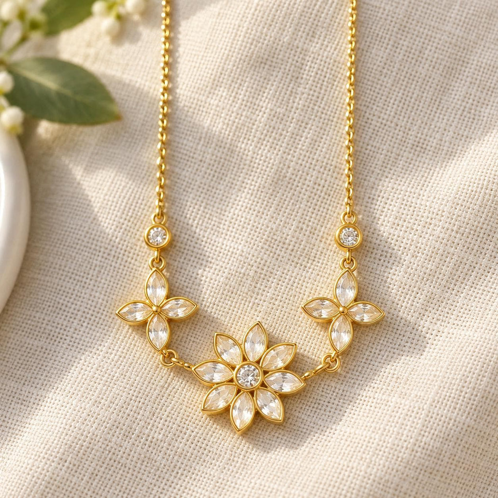Three Flower Necklace, Gold Tone Stainless Steel, Adjustable Floral Charm Necklace