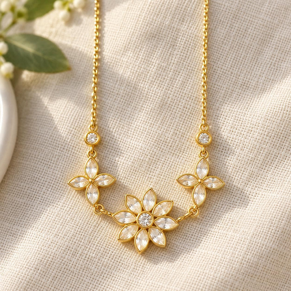 Three Flower Necklace, Gold Tone Stainless Steel, Adjustable Floral Charm Necklace