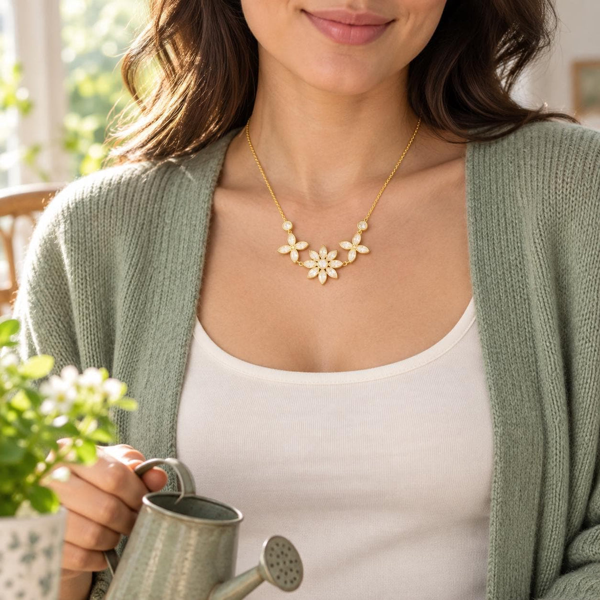 Three Flower Necklace, Gold Tone Stainless Steel, Adjustable Floral Charm Necklace