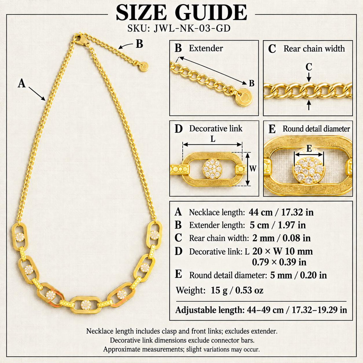 Gold Tone Paperclip Link Necklace, 304 Stainless Steel, Adjustable 44–49 cm