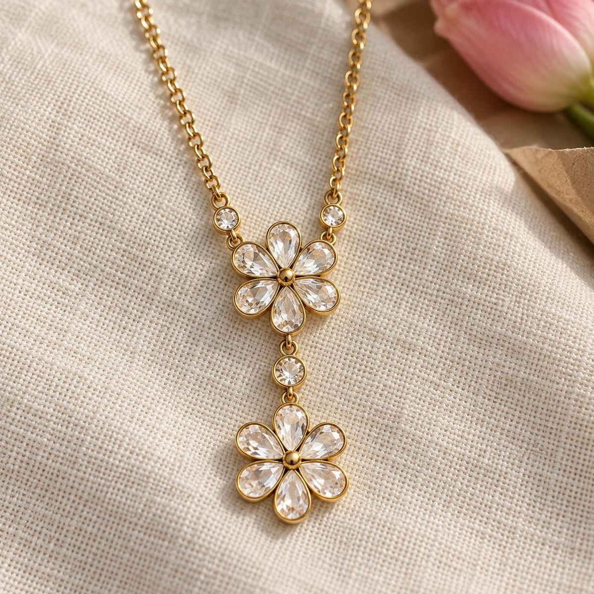 Gold Tone Double Flower Drop Necklace, 304 Stainless Steel, Adjustable Floral Pendant