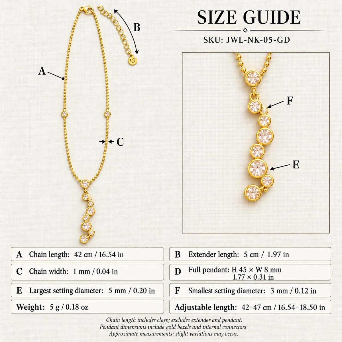 Gold Tone Cascading Circle Pendant Necklace, 304 Stainless Steel, Adjustable 42–47 cm