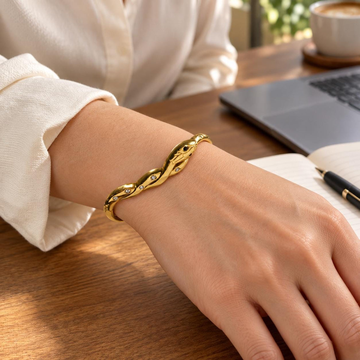 Gold Tone Hinged Snake Bangle Bracelet, 304 Stainless Steel, Oval Snake Design