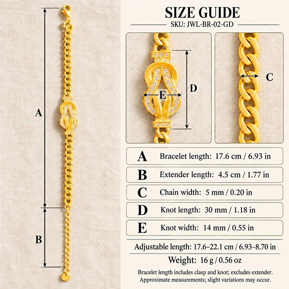Gold Tone Interlocking Knot Bracelet, 304 Stainless Steel Curb Chain, Adjustable 17.6–22.1 cm