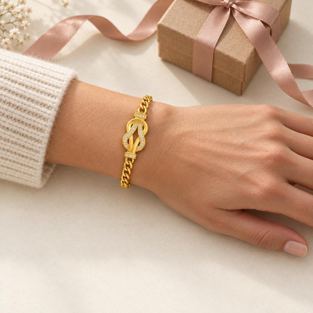 Gold Tone Interlocking Knot Bracelet, 304 Stainless Steel Curb Chain, Adjustable 17.6–22.1 cm
