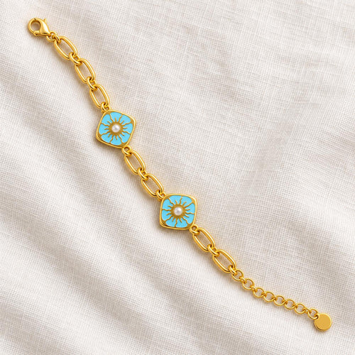 Blue Sun Charm Bracelet, Gold Tone Stainless Steel, Adjustable 18–23 cm