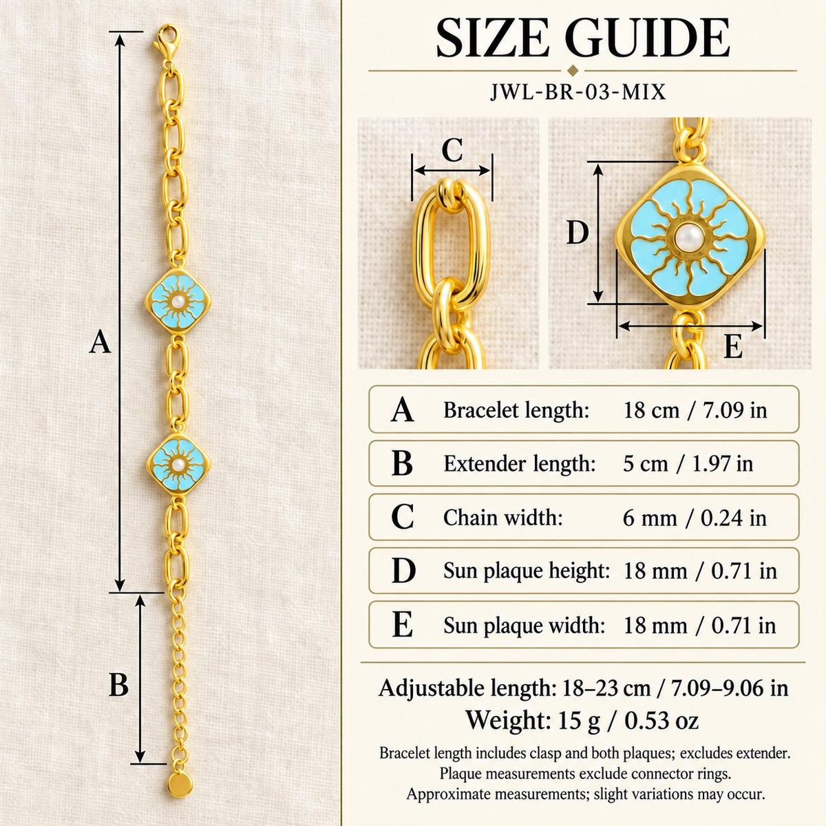 Blue Sun Charm Bracelet, Gold Tone Stainless Steel, Adjustable 18–23 cm