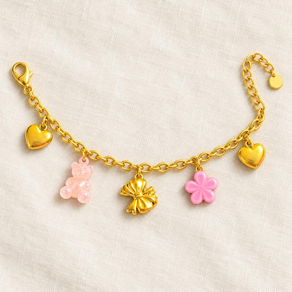 Gold Tone Charm Bracelet with Hearts, Teddy Bear, Bow and Flower, 304 Stainless Steel, Adjustable 17–22 cm