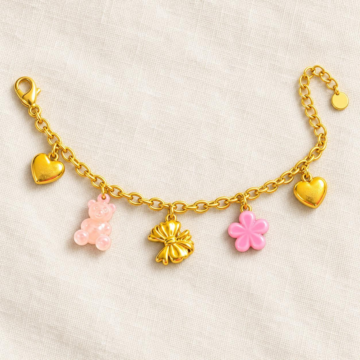 Gold Tone Charm Bracelet with Hearts, Teddy Bear, Bow and Flower, 304 Stainless Steel, Adjustable 17–22 cm