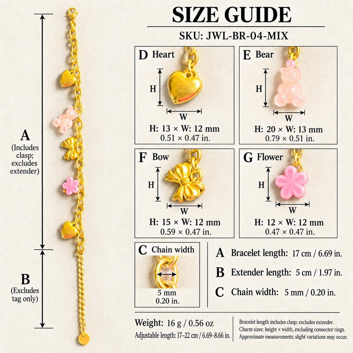 Gold Tone Charm Bracelet with Hearts, Teddy Bear, Bow and Flower, 304 Stainless Steel, Adjustable 17–22 cm