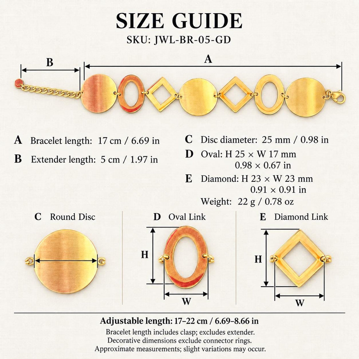 Geometric Disc & Open Link Bracelet, Gold Tone 304 Stainless Steel, 17–22 cm