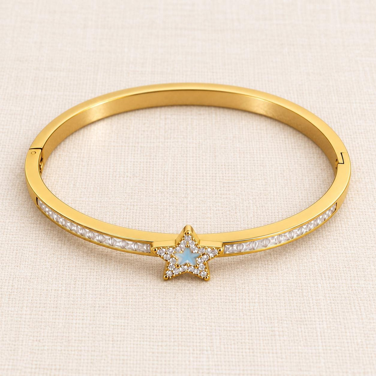 Gold Tone Hinged Star Bangle Bracelet, 304 Stainless Steel, Oval Design