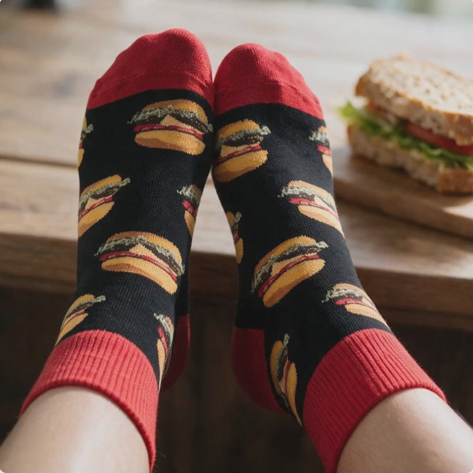 Cheeseburger Print Crew Socks for Men | Black & Red Novelty Burger Graphic Socks | Fun Food Print