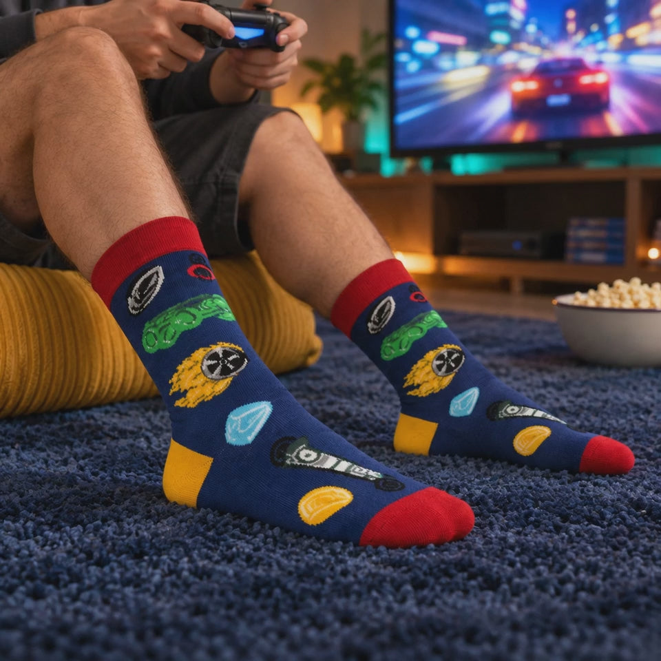 Racing Car Crew Socks, Navy Red Yellow Motorsport Pattern, Unisex Cotton Blend, One Size
