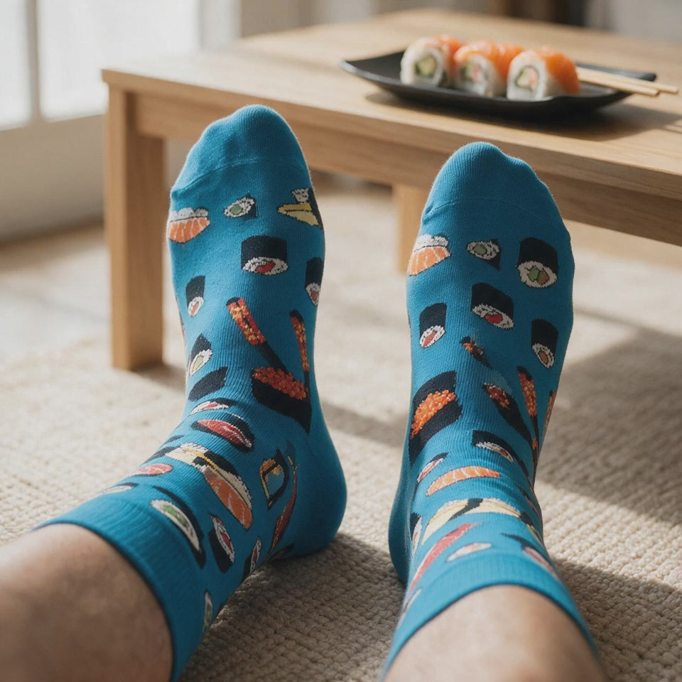 Sushi Print Crew Socks for Men | Nigiri Maki Chopsticks Pattern | Foodie Novelty Socks | One Size