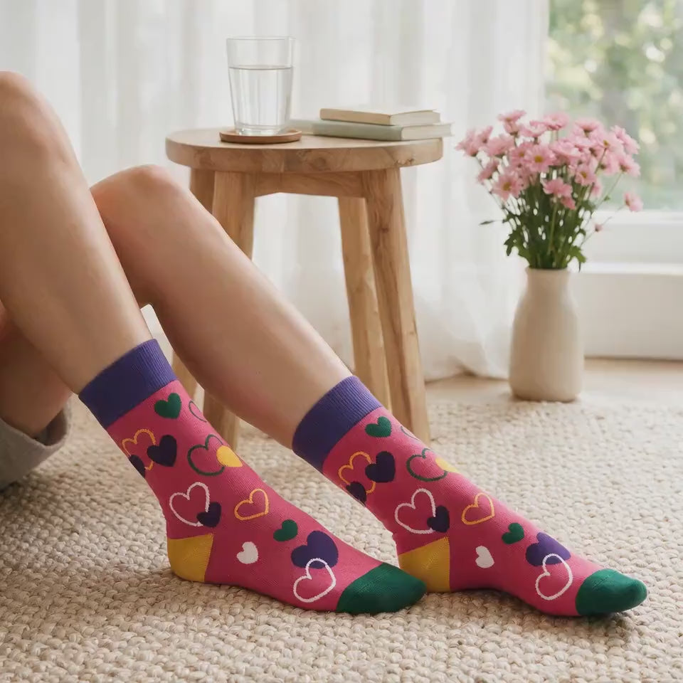 Colorful Heart Print Crew Socks | Fun Pink Gift Socks for Her