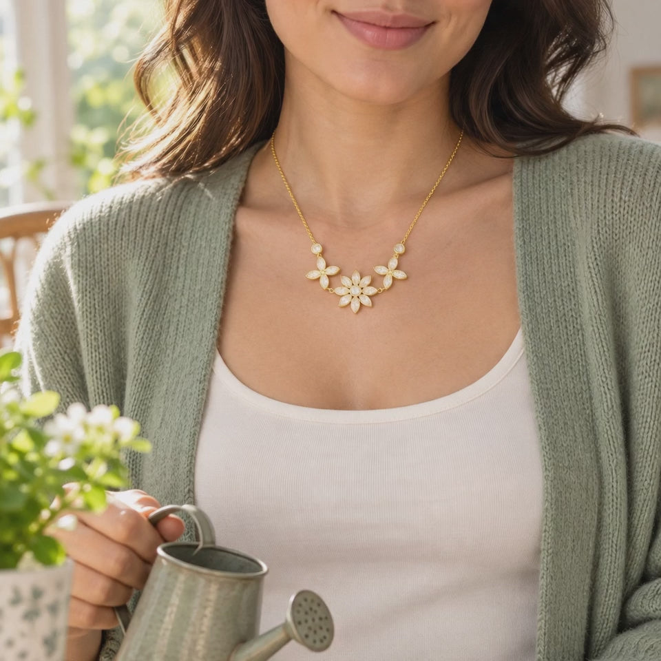 Three Flower Necklace, Gold Tone Stainless Steel, Adjustable Floral Charm Necklace