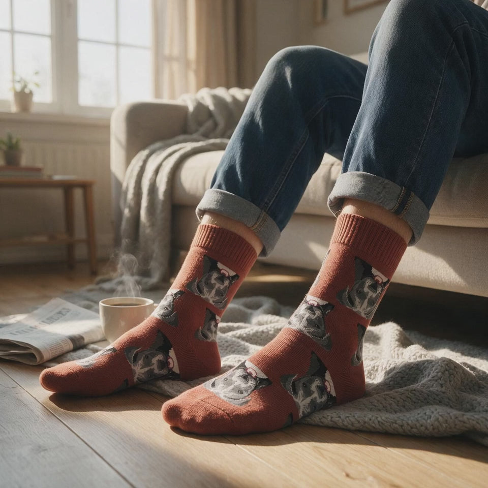 Bull Terrier Face Crew Socks | Rust Orange Dog Print (Unisex One Size)