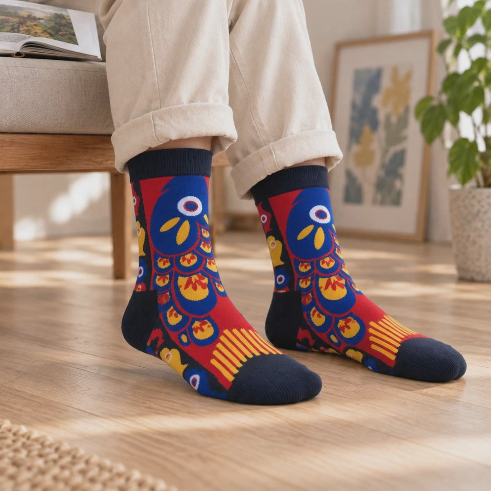 Colorful Fish Print Crew Socks, Red Blue Yellow Scale Pattern, Unisex Cotton Blend