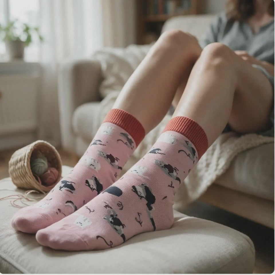Pink Cat Print Crew Socks | Cotton Blend, Coral Cuff (One Size)