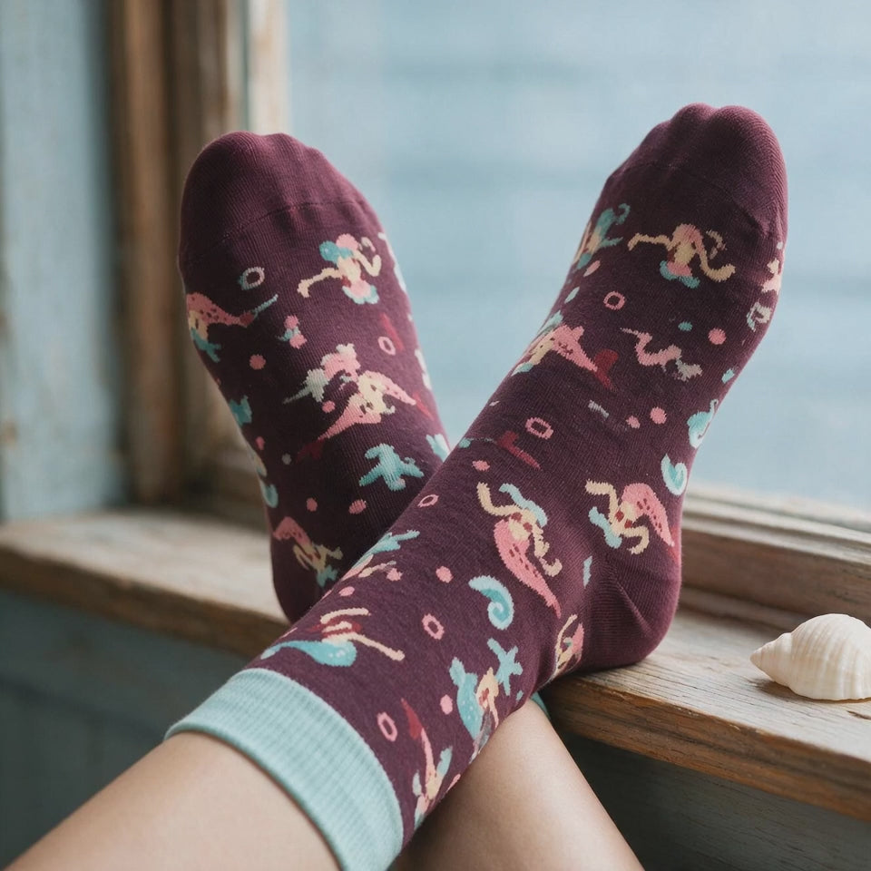 Mermaid Print Crew Socks | Burgundy Aqua Ocean Novelty (Cotton Blend)