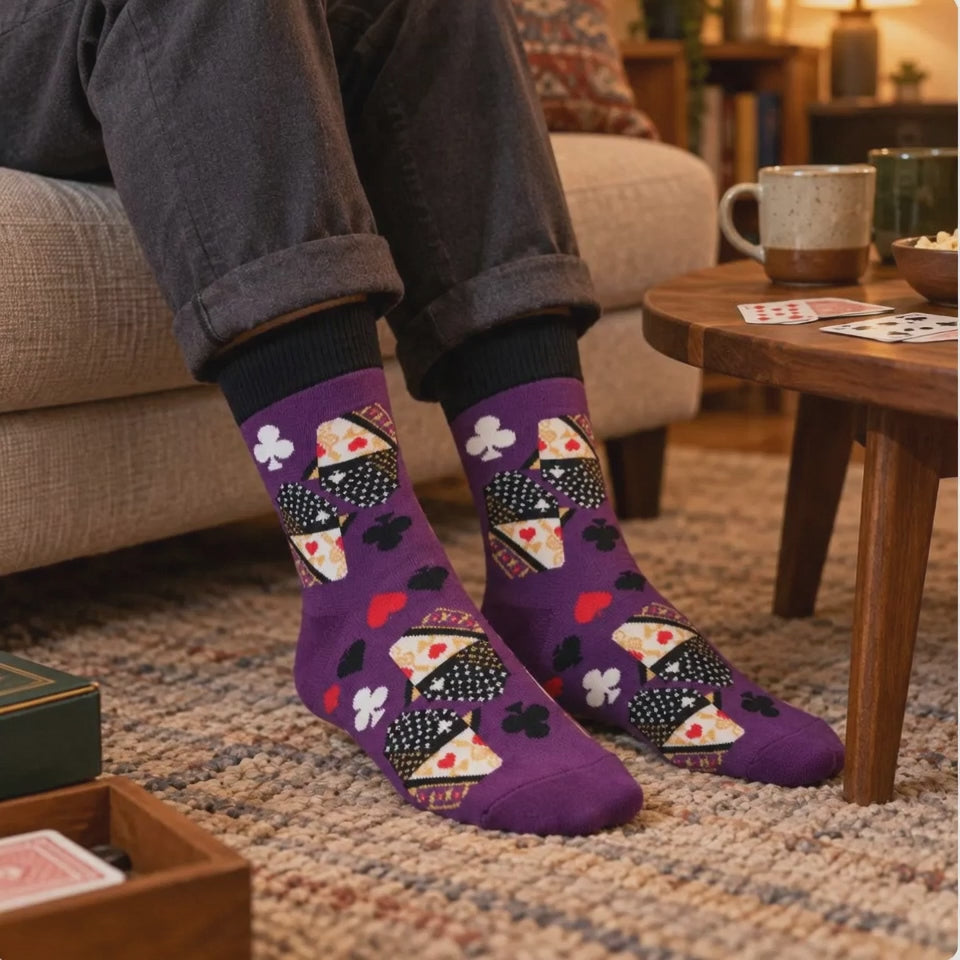 Purple Queen of Clubs Playing Card Socks | Unisex Crew Socks with Suit Symbols | One Size Fits Most