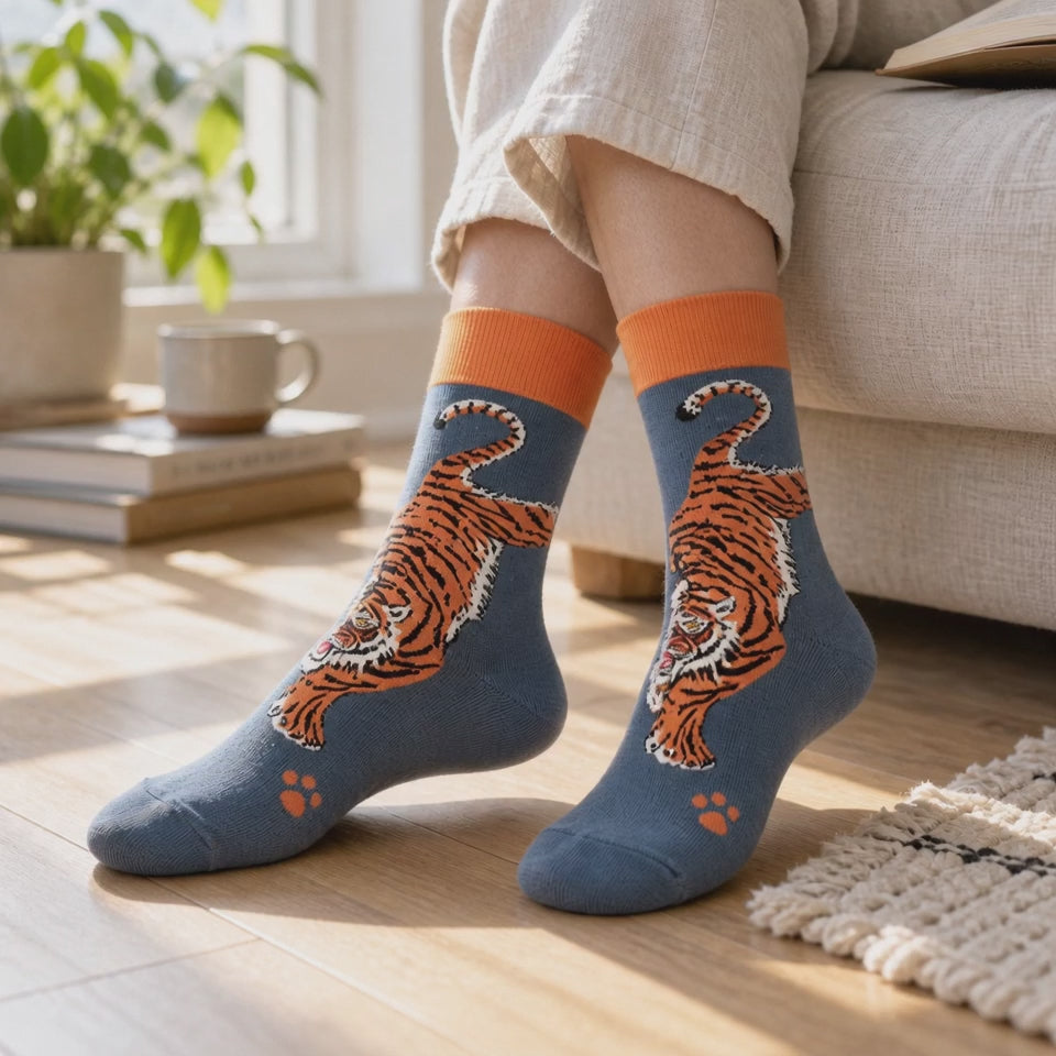 Tiger Print Crew Socks, Unisex Orange Cuff Sock, Wild Cat Design, One Size Fits Women's 5-10 Men's 4-9