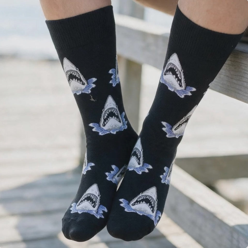Shark Print Crew Socks | Black Novelty Socks with Toothy Shark Face Pattern | Unisex One Size Cotton Blend