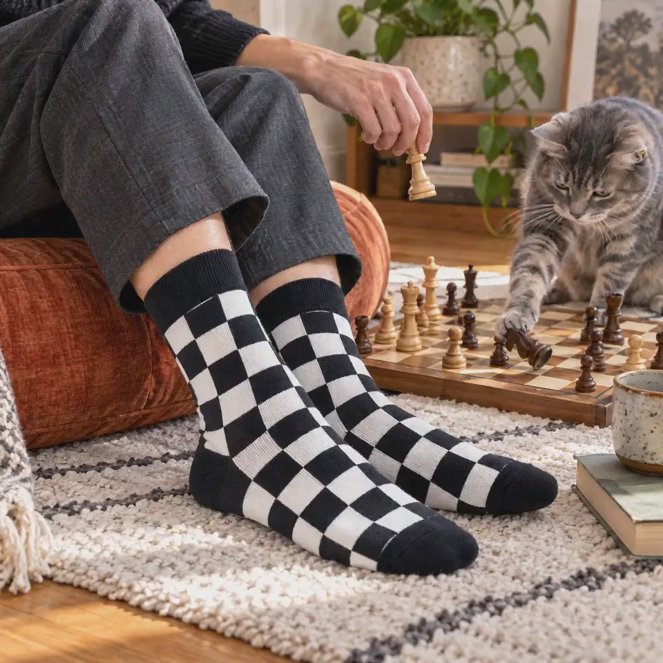 Checkerboard Crew Socks | Black & White Checkered Pattern, Unisex One Size