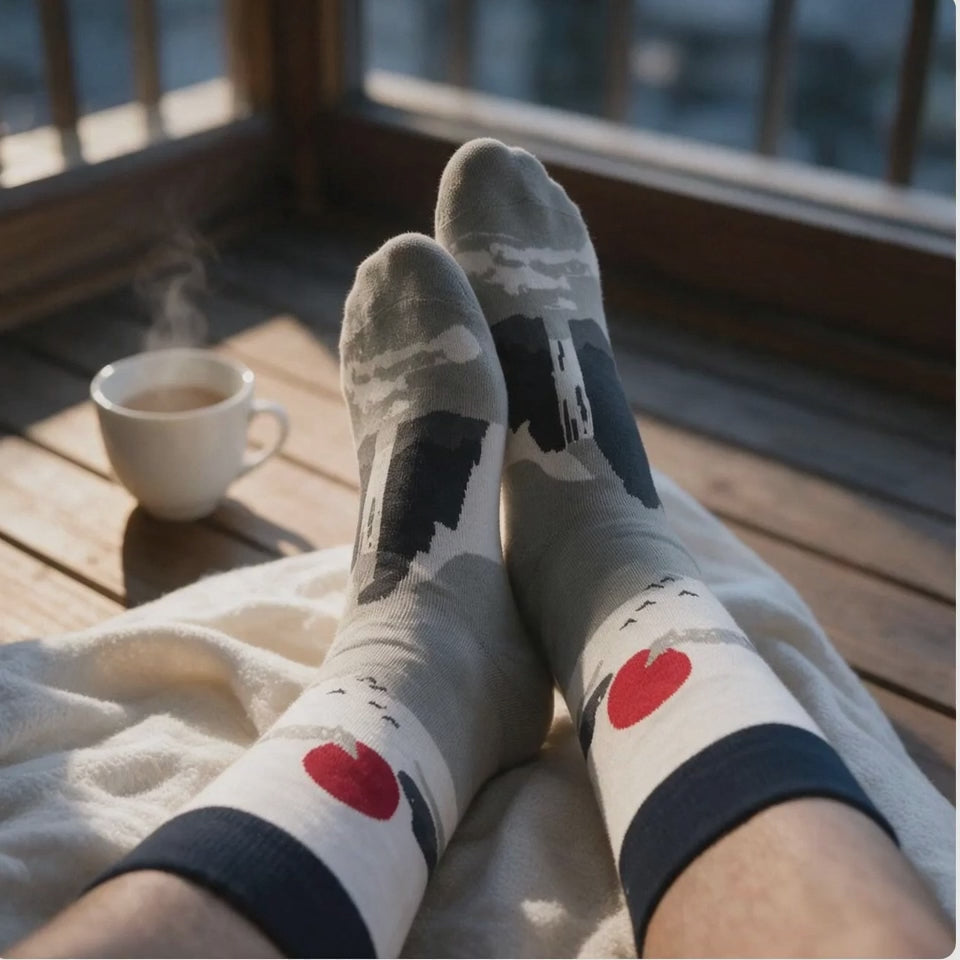 Japanese Mt. Fuji Sunrise Crew Socks | Grey Red Sun Novelty Socks | Unisex One Size Cotton Blend