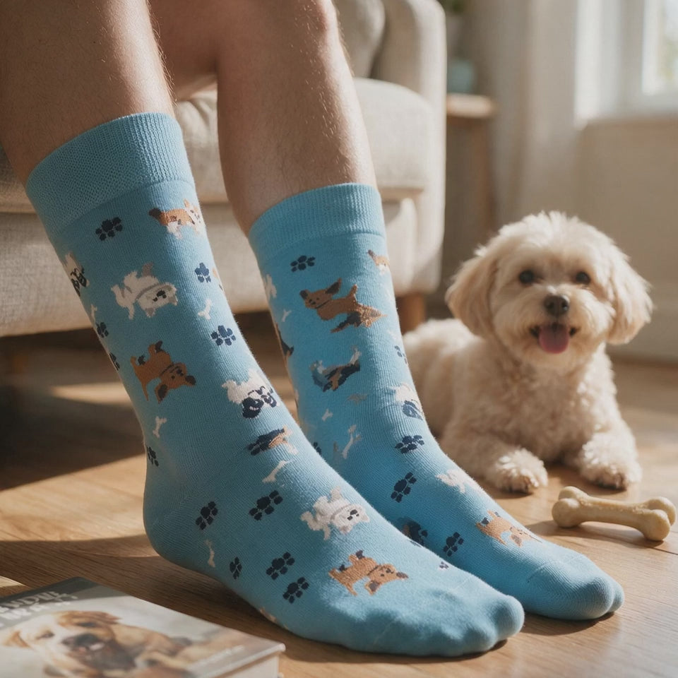 Sky Blue Puppy & Paw Print Crew Socks, Women's One Size