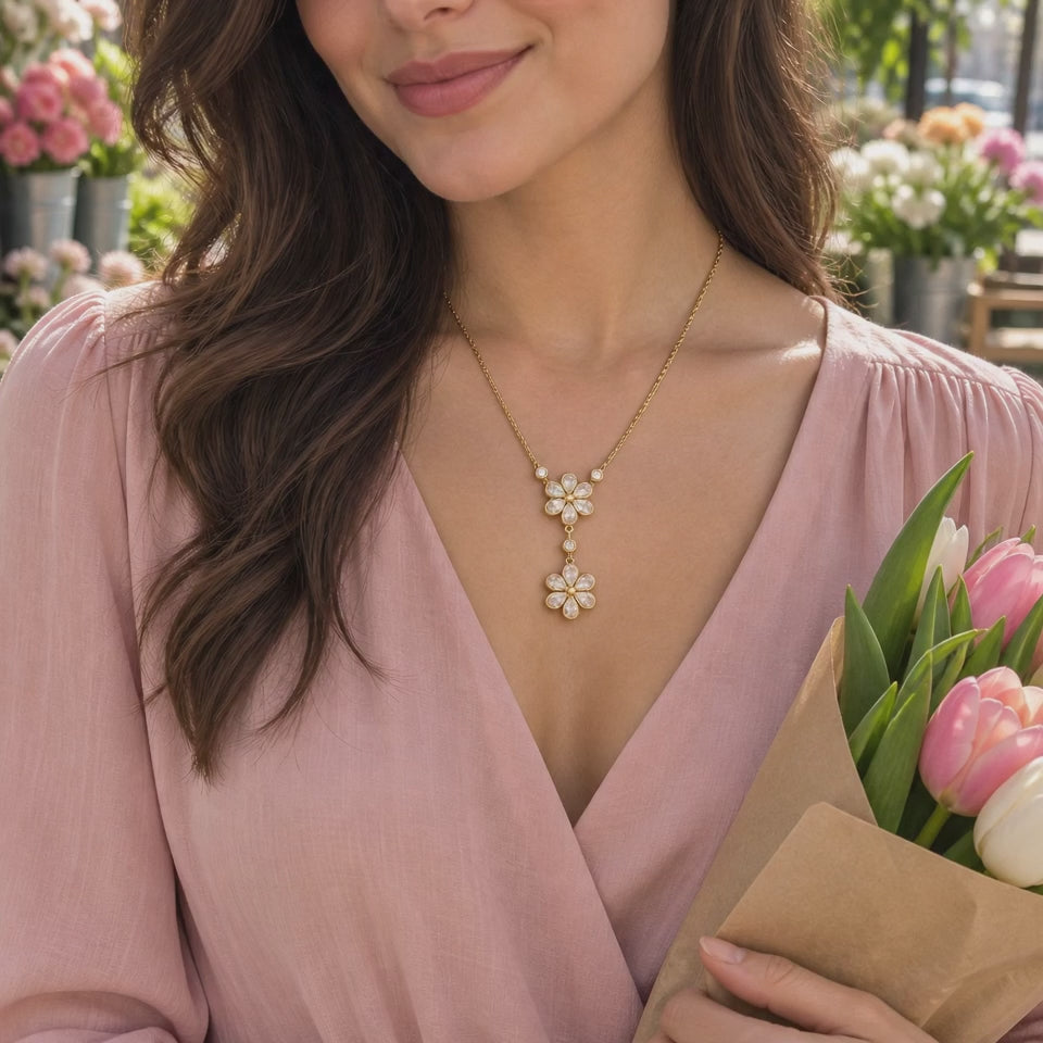 Gold Tone Double Flower Drop Necklace, 304 Stainless Steel, Adjustable Floral Pendant
